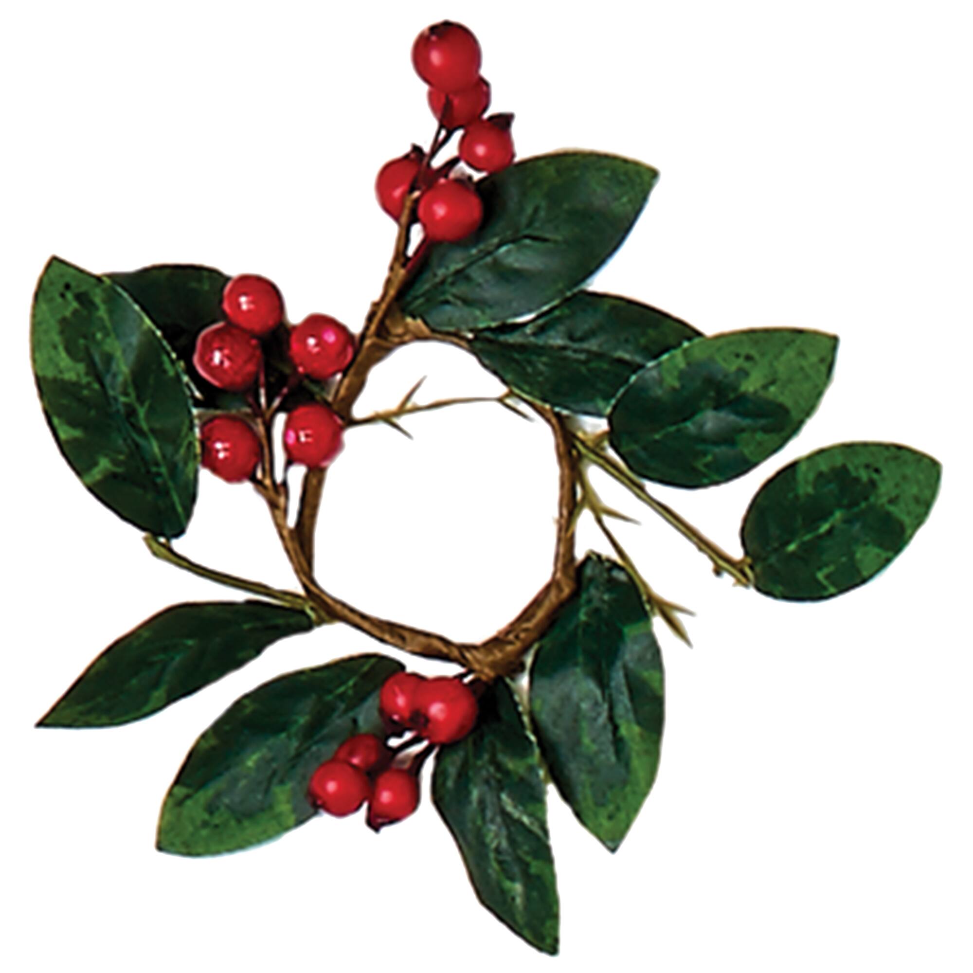 1.25" Christmas Artificial Boxwood & Berry Candle Ring, 2ct.
